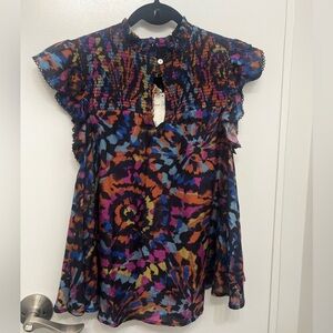 Blue and Purple Ruffled Smocked Blouse with Cap Sleeves